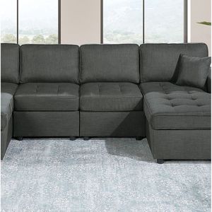 Set Divano Sezionale Tufted in Tessuto Dorris Nero Cenere Stile Contemporaneo Livi LAF RAF LAF con Chaise Longue e Sedie Senza Braccioli con Cuscini - Product Image 4