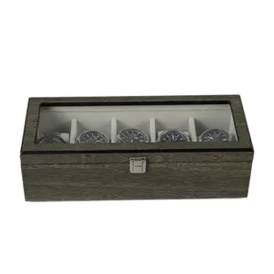 5 Slots Watch Case with clear glass lid OEM Vintage Watch Box With Glass Top Wood grain paper veneer