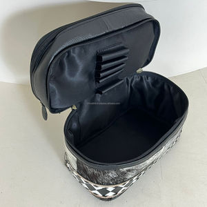 Luxury Custom Hand Tooled Checkered Leather Card Design Cosmetic Bag with Zipper Genuine Cowhide Leather <b>Makeup</b> Bags for Women's - Product Image 6