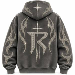 Sweat-shirt à capuche pour homme, orné de strass, style streetwear, coupe classique, gris uni, coton French Terry, hiver, éco-responsable - Product Image 2