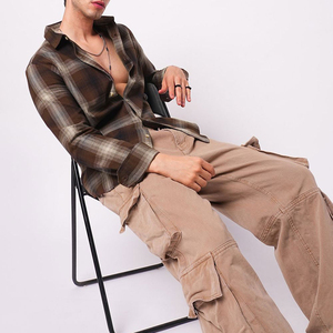 Chemise en flanelle à carreaux marron pour homme, manches longues, col rabattu, vêtement décontracté d'automne, chemise en coton tissé respirant - Product Image 4