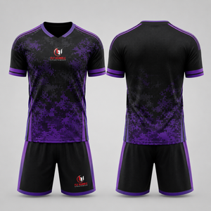 Ensemble maillot et short de football unisexe Fly Humble noir et rouge rayé, col rond, manches courtes, anti-humidité, avec nom du joueur sur le devant - Product Image 5