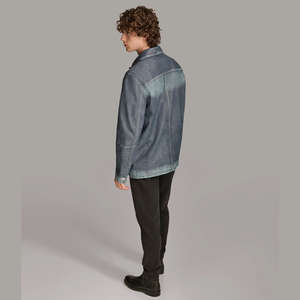 Blouson de moto réversible imperméable en peau de mouton cirée délavée noir et marron à col montant grande taille pour homme - Product Image 2