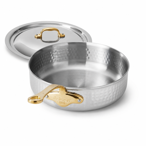 Hammered Stainless Steel Cooking <b>Pan</b> <b>With</b> Brass Handle <b>Lid</b> Luxury Kitchen Cookware Saucepan Wholesale Supplier India OEM Custom - Product Image 1