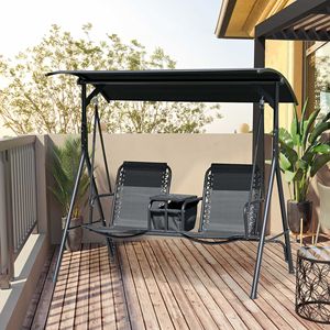 Dondolo da Esterno a 2 Posti con Tavolino Girevole, Portabicchieri Regolabile, Tettuccio Superiore e Piedini Antiscivolo per Interni - Product Image 2