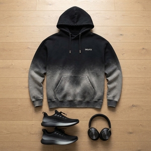 Sudadera con Capucha Negra Ombre Personalizada para Hombre, Sudadera con Estampado en Relieve y Logotipo en el Pecho, Sudadera con Capucha Estilo Urbano - Product Image 3