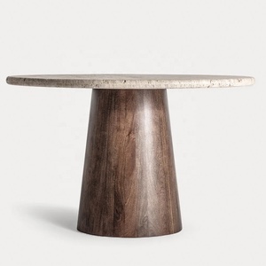 Wholesale Travertine Marble <b>Round</b> <b>Dining</b> <b>Table</b> | Mango <b>Wood</b> Pedestal Base | Modern Industrial Restaurant Furniture - Product Image 2
