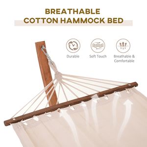 Boho Style Single Person 10\" Wood <b>Hammock</b> with Stand Breathable Cotton Surface White for Patio Backyard Balcony Porch - Product Image 4