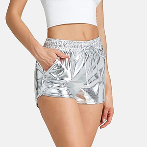 Silver Metallic Shorts Women Elastic Smocked Waist <b>Drawstring</b> Mirror Shiny Smooth Rave Dance Festival - Product Image 2