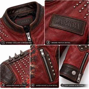 Blouson en cuir rouge vieilli pour homme, style punk rock, avec motif loup, clouté et à pointes, veste de motard, production en gros sur mesure OEM ODM en usine - Product Image 6