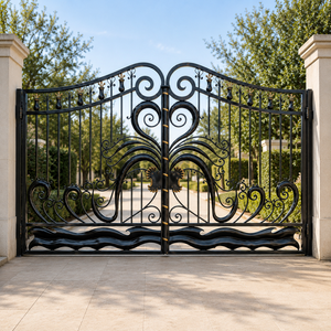 Black Wrought Iron Double <b>Swing</b> Gate Gold Accent Ornamental Scrollwork Villa Driveway Security Entrance Gate - Product Image 5