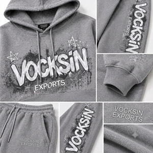 VOCKSIN EXPORTS Women's <b>Grey</b> Cropped <b>Hoodie</b> Wide Leg Fleece Sweatpants Set Printed Cotton High Street Style Regular Fit Winter - Product Image 3