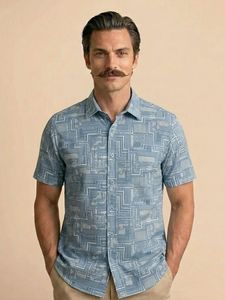 Camisa Casual de Manga Corta para Hombre, Estampado Geométrico, Cuello Clásico, Transpirable, Lino/Algodón, Doble Botonadura, Estilo Veraniego - Product Image 2