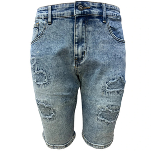 Shorts Bermuda en jean bleu clair pour homme, taille mi-haute, fermeture boutonnée, couleur unie, style décontracté déchiré, 100 % coton tissé - Product Image 1