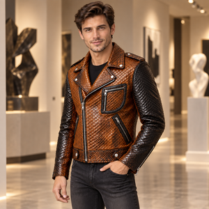 <b>Mens</b> Two-Tone <b>Brown</b> Black Snake-Embossed Breathable Genuine <b>Leather</b> Winter Motorcycle Biker <b>Jacket</b> Zipper Pockets | Wholesale - Product Image 3