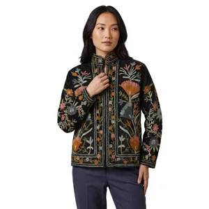 Veste à col mandarin brodée florale vintage pour femme, style velours chic prairie, manches longues, légère, traditionnelle, pour l'automne - Product Image 3