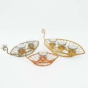 Leaf Shape <b>Duck</b> Style Metal Tea <b>Light</b> Votive Holder in Gold Finish with 3 Glass Cups for Home Garden Patio Decoration - Product Image 2