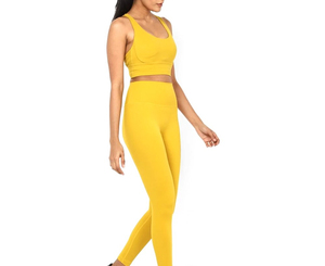 Ensemble de yoga jaune sans coutures, haut court dos nageur et leggings longs taille haute, deux pièces, couleur unie, tenue de sport - Product Image 2