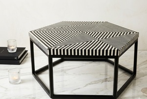 Table basse hexagonale moderne en os incrusté, design géométrique noir et blanc, meubles de salon - Product Image 2