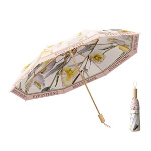 Parapluie manuel pliant en 3 sections en fibre de verre et PET avec poignée en bois, petite taille, résistant au vent et à la pluie, motif imprimé feuilles - Product Image 5