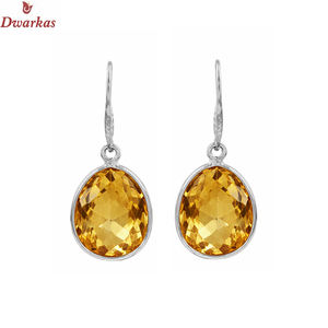 Elegant women's trendy drop <b>earrings</b> <b>solid</b> 925 sterling <b>silver</b> natural citrine gemstone bezel set <b>earring</b> anniversary party gift - Product Image 2
