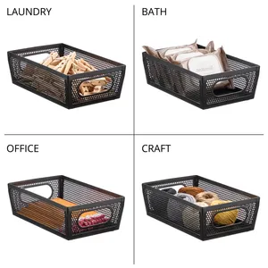Metal Storage Basket with Hand Grip for Office Laundry Bath Craft Organization Simple Style <b>Black</b> Rectangular Mesh Bin - Product Image 2