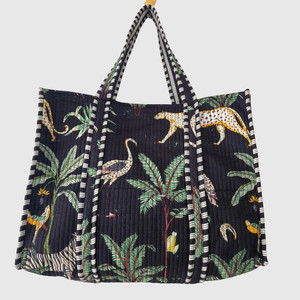 Bohemian Cotton Tote Bag With <b>Leopard</b> <b>Print</b> And Tropical Pattern Open Top Design For Shopping All Seasons - Product Image 1