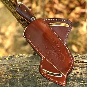 Cuchillo de vaquero forjado a mano de acero al carbono, con filo biselado, personalizado OEM, hoja fija de espiga completa, mango de palisandro y funda de cuero. - Product Image 5