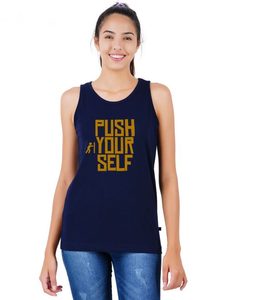 Camiseta sin mangas azul marino para mujer con estampado 'Push Yourself', cuello redondo, ropa informal para entrenamiento, 100% algodón, tejido transpirable, logo frontal - Product Image 2