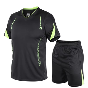 Ensemble de t-shirt à manches courtes et col en V pour homme, imprimé géométrique noir et vert, séchage rapide, sportif, avec short assorti, tenue d'entraînement d'été - Product Image 1