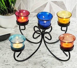 Candelabro Decorativo de Metal de 5 Brazos con Portavelas de Cristal Multicolor - Product Image 3