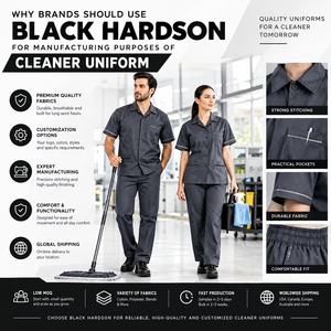 Uniforme de Limpieza de Manga Larga, Corte Slim, Twill de Poliéster Premium Black Hardson, 240 GSM, Azul Marino con Ribete Cian, Bordado Personalizado para Hotel - Product Image 5