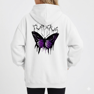 The "melting butterfly" hoodie features a deep plum fabric with a high-contrast teal butterfly graphic on the back. - Product Image 2