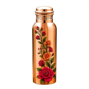 ขวดน้ำทองแดงลายดอกไม้สดใส วาดด้วยมือ ดีไซน์แบบดั้งเดิม พกพาสะดวก - Product Image 1