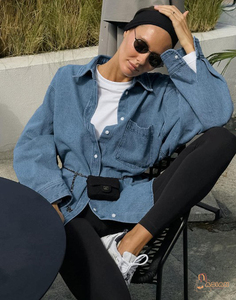 Women's <b>Denim</b> Button Down Shirt Long Sleeve Loose Fit Solid Color Casual Blouse Twill Fabric Full Sleeve Woven <b>Material</b> - Product Image 4