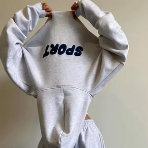 Sweat-shirt à capuche surdimensionné bleu pour femme avec manches bouffantes et imprimé lettres au dos, tricoté, manches longues, pour l'automne - Product Image 5