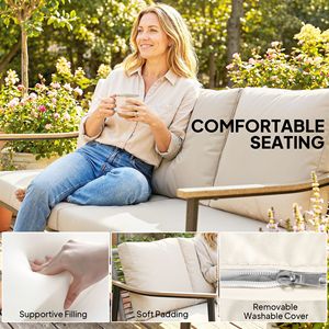 Khaki 3-Seater Outdoor Patio <b>Sofa</b> <b>Waterproof</b> Cushions Wicker Backrest with Wood Effect Armrests for Garden Yard - Product Image 6