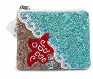 Monedero de Tyvek hecho a mano con cuentas de estrella de mar para mujer, bolsa abierta con temática de playa, mini cartera con diseño oceánico y correa de muñeca grande - Product Image 1