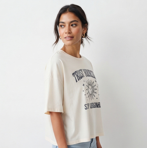 T-shirt ample pour femme, décontracté, 100% coton, col rond, épaules tombantes, imprimé, coupe carrée, léger, 230 GSM, t-shirts carrés pour femmes - Product Image 3