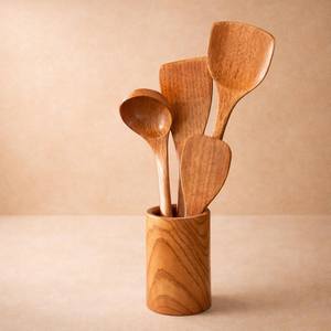 Ensemble d'ustensiles de cuisine en bois de teck, cuillères en bois naturel avec support, gadgets de cuisine écologiques, cadeau pour chef, antiadhésif et sûr - Product Image 5