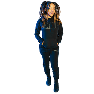 Womens <b>Black</b> Hoodie Tracksuit Set Two Piece <b>Long</b> Sleeve Pullover Hooded <b>Top</b> Jogger Pants Casual Athletic Sportswear Outfit - Product Image 1