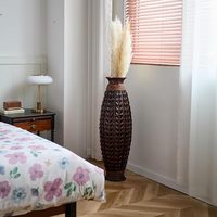 Vas Lantai Bulat Modern Boho dari Bambu Anyaman Tangan, Wadah Bunga Tinggi, Dekorasi Pedesaan untuk Ruang Tamu dan Pintu Masuk