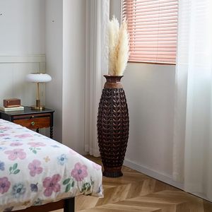Jarrón Redondo de Bambú Tejido a Mano, Estilo Boho Moderno, Recipiente Alto para Flores, Decoración Rústica para Sala de Estar o Entrada - Product Image 4