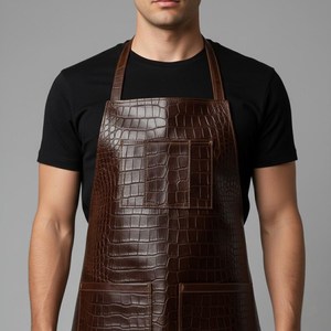 Embossed Leather Bib <b>Apron</b> Men Dark Brown Classic Multi Pocket Durable Cooking Barber <b>BBQ</b> <b>Apron</b> - Product Image 2