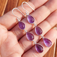 Boucles d'oreilles pendantes longues style bohème en laiton plaqué argent, avec améthyste naturelle en forme de goutte et pierres multicolores violettes, bijoux de fête pour femme