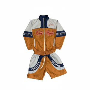 Unisex Color Blocking Tracksuit Set Short Sleeve Hooded Casual Knee Length Sporty Style 100% Nylon Breathable <b>Summer</b> Wear - Product Image 1