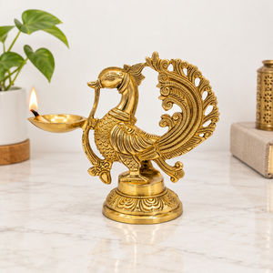 Handcrafted Brass Peacock Diya <b>Oil</b> <b>Lamp</b> Stand Detailed Design Decorative Multi Wick Deepak for Puja Room Temple Home Decor - Product Image 2