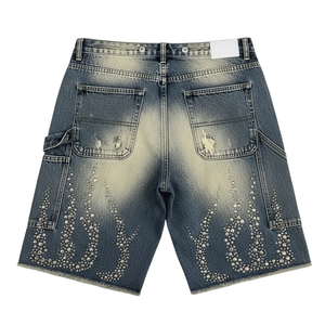 2026 New Arrival <b>Men's</b> Vintage Rhinestone Baggy Denim Shorts Distressed Hand-<b>Studded</b> Y2K Streetwear Casual Summer Jeans - Product Image 2