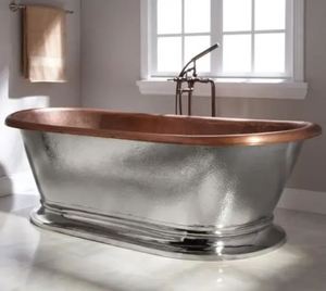 Bañera Independiente de Cobre con Acabado Plateado Martillado, Bañera Ovalada para Baño, Hotel, Villa - Artesanía India - Product Image 1