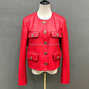 แจ็กเก็ตบอมเบอร์ผู้หญิงหนังแท้แบบ100% มีกระเป๋าสี่กระเป๋าแฟชั่นคอกลมสีแดง - Product Image 1